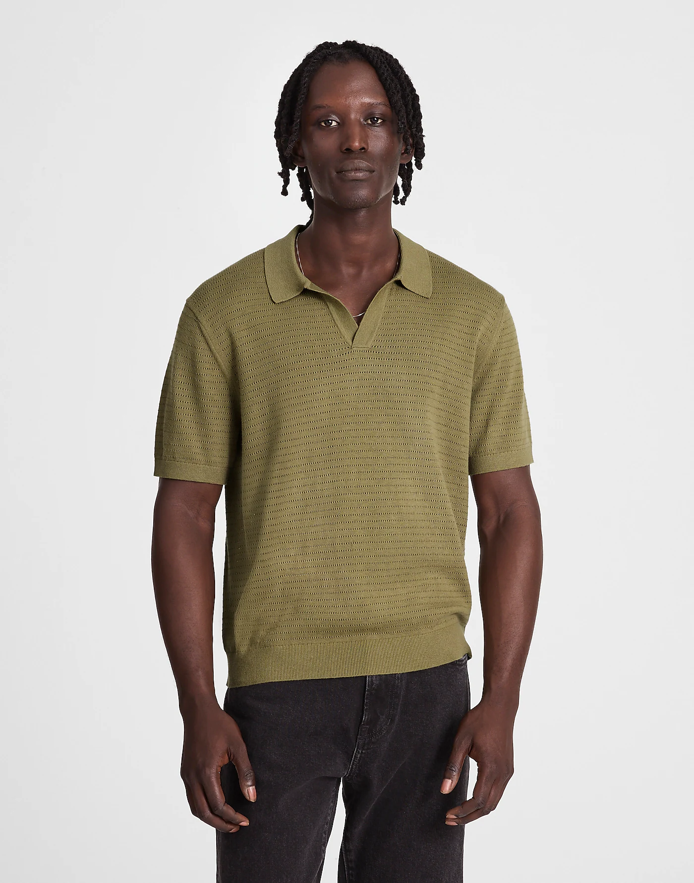 Pointelle-Stitch Johnny-Collar Sweater Polo